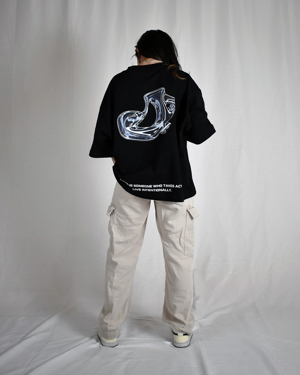 VALNCIA Black Cropped Chrome Tee — “Live Intentionally”
