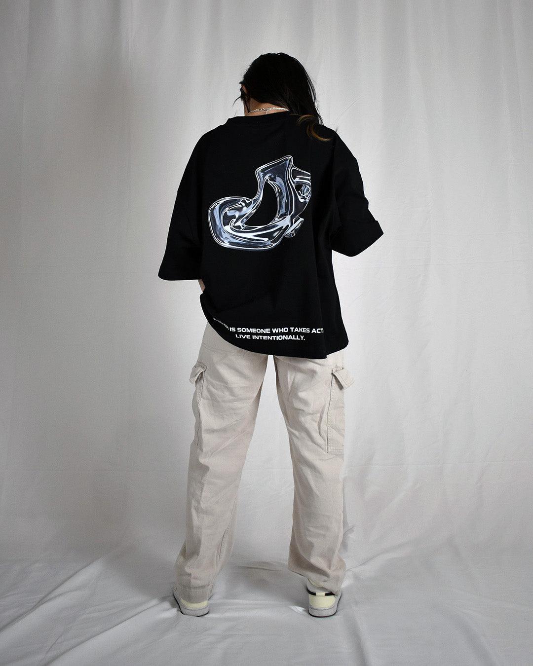 (Pre-Order) VALNCIA Black Cropped Chrome Tee — “Live Intentionally”