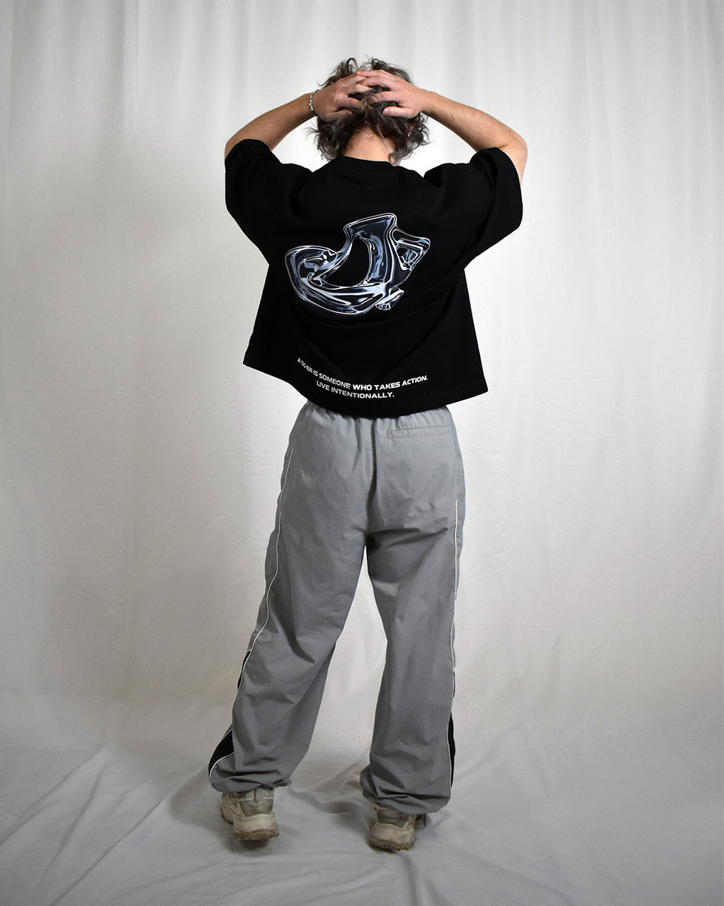 VALNCIA Black Cropped Chrome Tee — “Live Intentionally”
